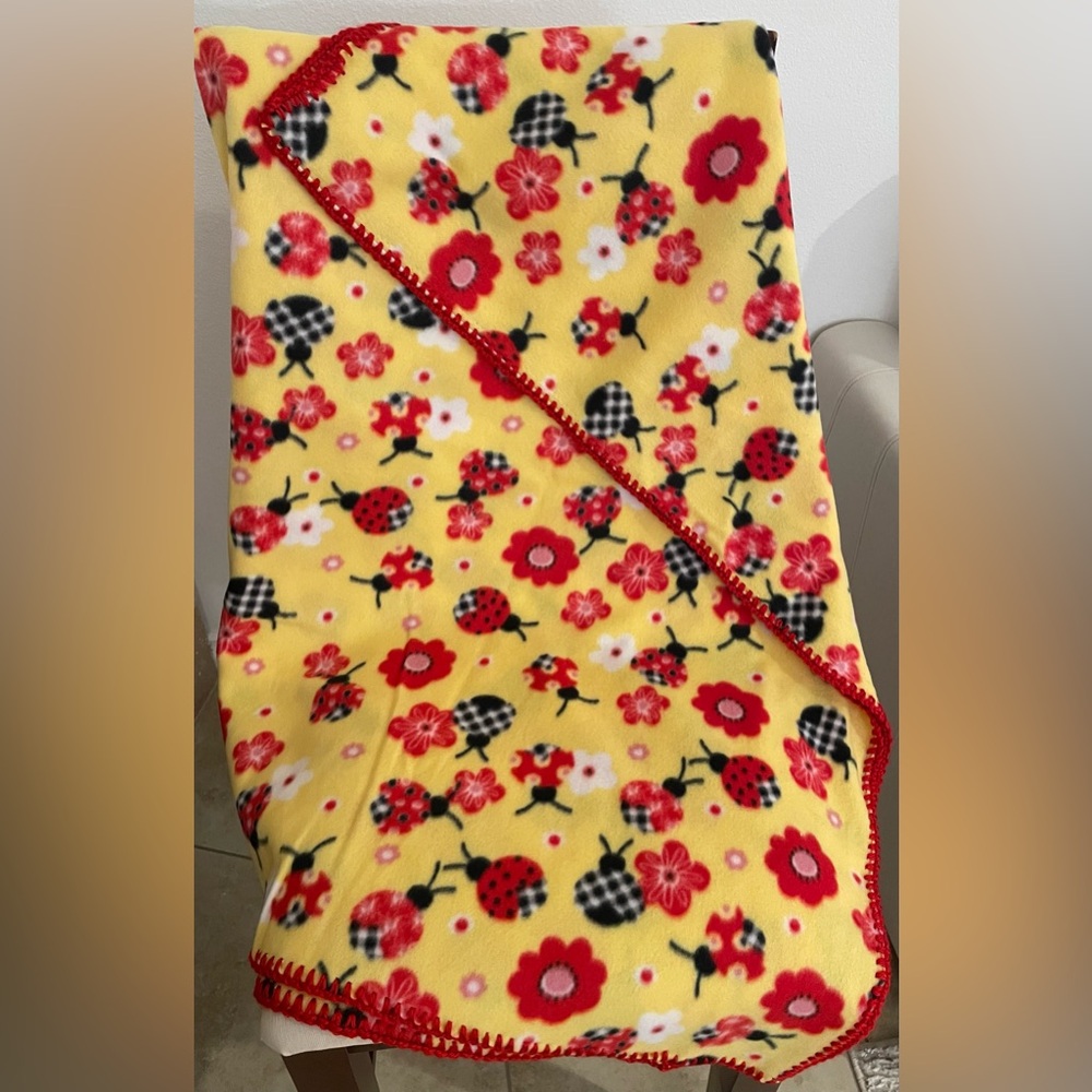 Floral Yellow and Red Fleece Lady Bug Blanket